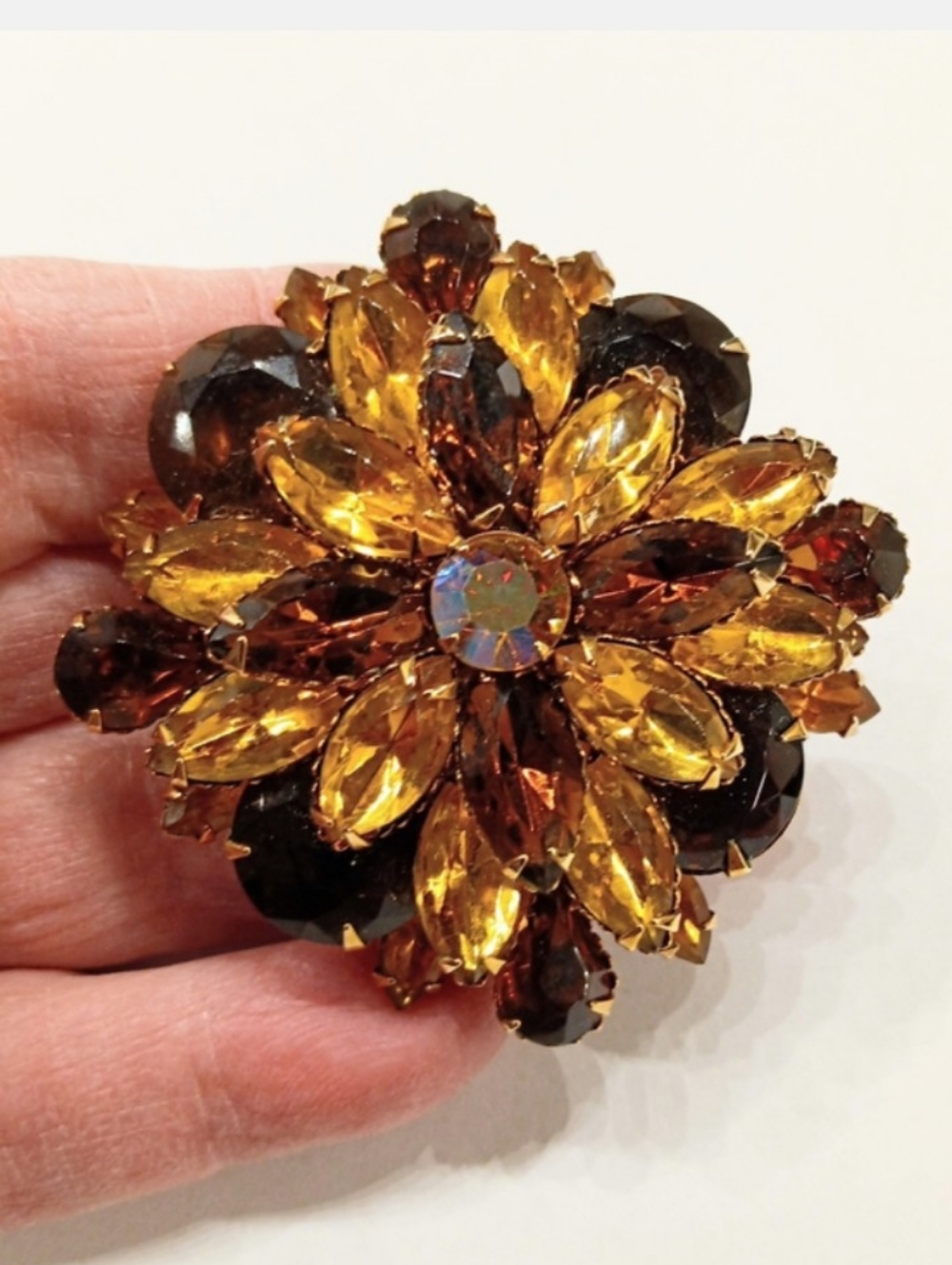 Vintage Amber Color Rhinestone Brooch Layered Beauty